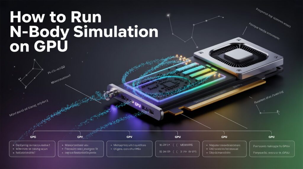 GPU visual showing data processing flow with guide on how to run NBody Calculation GPU simulation for physics computing.