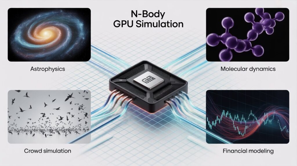 Diagram showing real-world uses of NBody Calculation GPU simulation in astrophysics, molecular dynamics, and financial modeling.