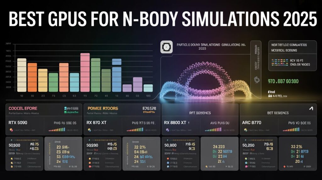 Benchmark chart comparing top GPUs for NBody Calculation GPU simulations in 2025, showing RTX and RX performance results.