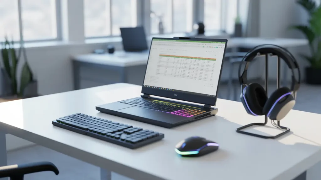 A realistic workspace showing a gaming laptop used for office tasks with RGB lighting, mouse, and headset on a clean desk.