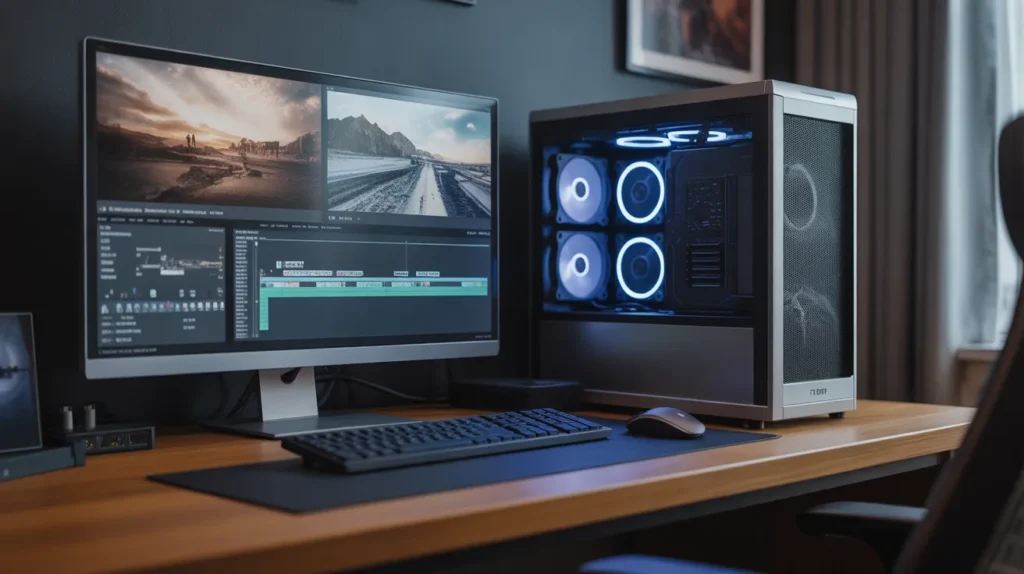 Powerful PC setup with high-performance CPU and editing software for the best core count for smooth video editing workflows.