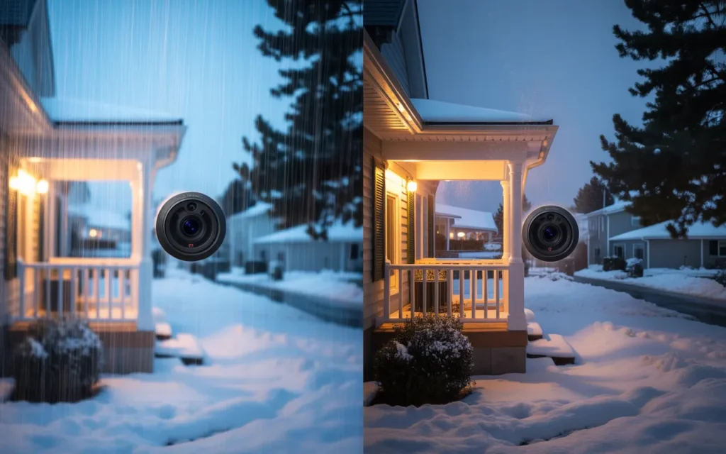 Ring camera in snowy weather showing potential impact of bad weather on camera performance.