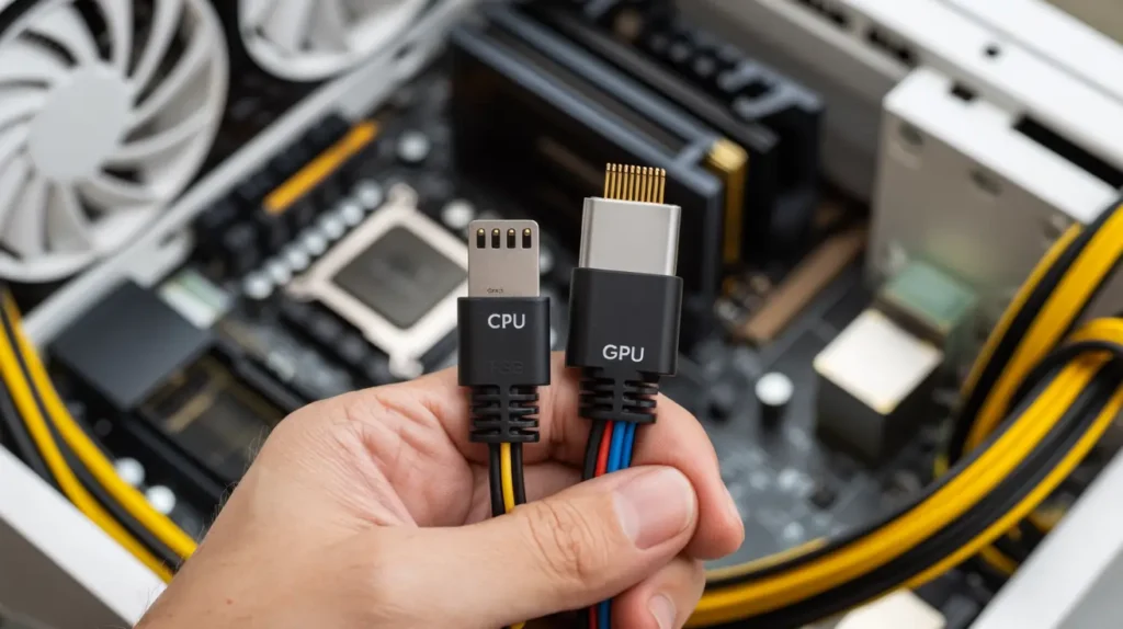 A hand holding CPU and GPU cables inside a PC case, highlighting the question: Can CPU cables power your GPU?