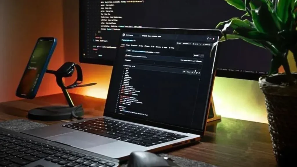 Close-up of a desk setup with a laptop and large monitor showing code, a phone on a stand left side, and a plant on the right.