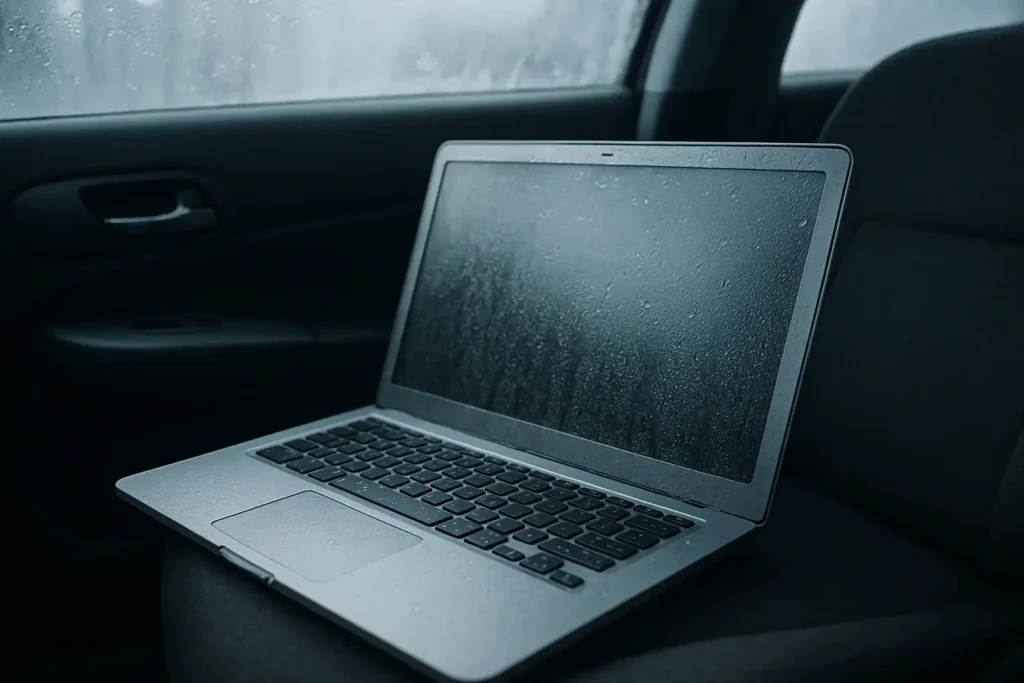 A laptop covered with water droplets sitting on a car seat, with foggy windows showing condensation inside the vehicle.