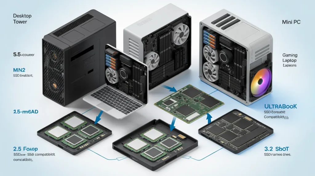 Diagram showing different SSD types and compatibility for desktops and laptops – Can You Use an SSD in Any Desktop or Laptop Build