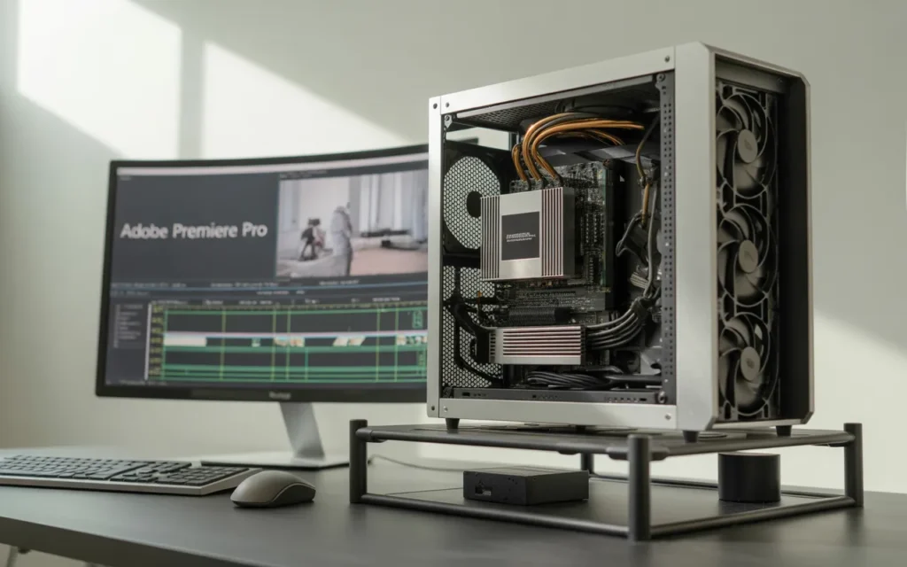 High-performance editing PC with Adobe Premiere Pro on screen, showcasing common mistakes when choosing CPU cores for editing.