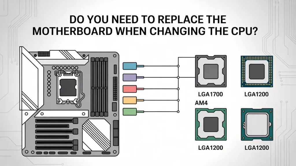 Do You Need to Replace the Motherboard When Changing the CPU? – CPU socket types LGA1700, AM4, and LGA1200 diagram