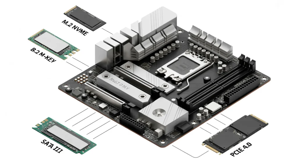 Does SSD Type Matter for Motherboard Compatibility? Diagram showing M.2 NVMe, SATA III, PCIe 4.0, and B-Key slots