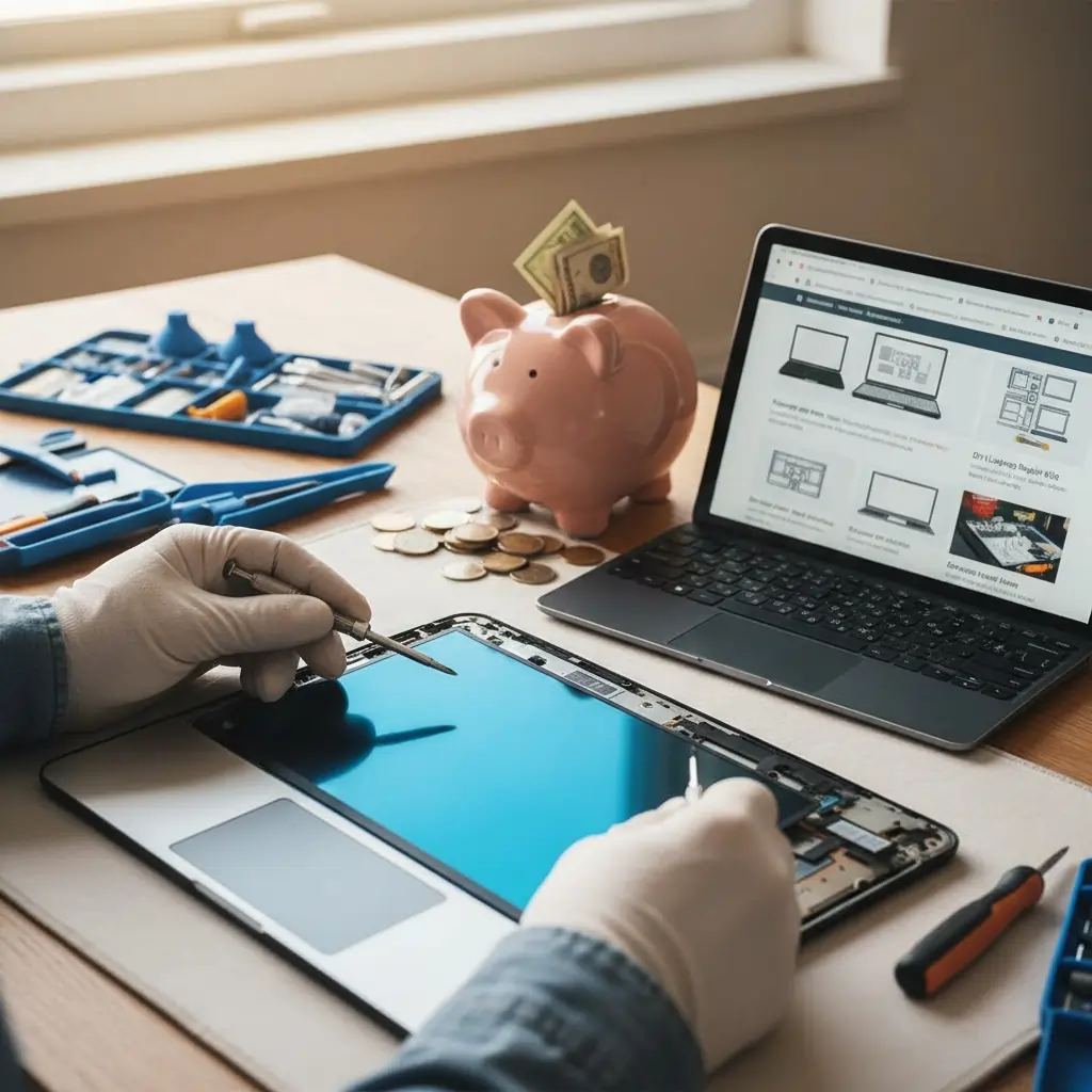An individual wearing white gloves is repairing a laptop screen on a wooden table, surrounded by electronics repair tools. Nearby, a piggy bank holds some dollar bills, and an open laptop displays images of other laptops. The scene is illuminated by soft lighting, possibly from natural light coming through a window.