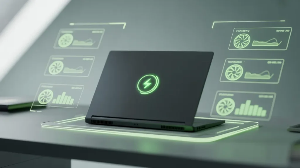 Futuristic gaming laptop showing power efficiency with glowing green indicators and holographic battery icons