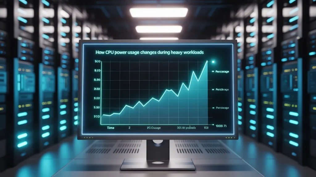 Graph showing how CPU power usage changes during heavy workloads, with increasing power demand over time.