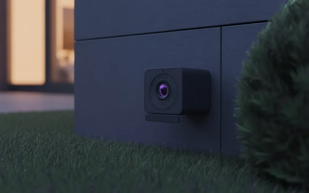 Ring camera using infrared technology for night vision installed outside a modern home.