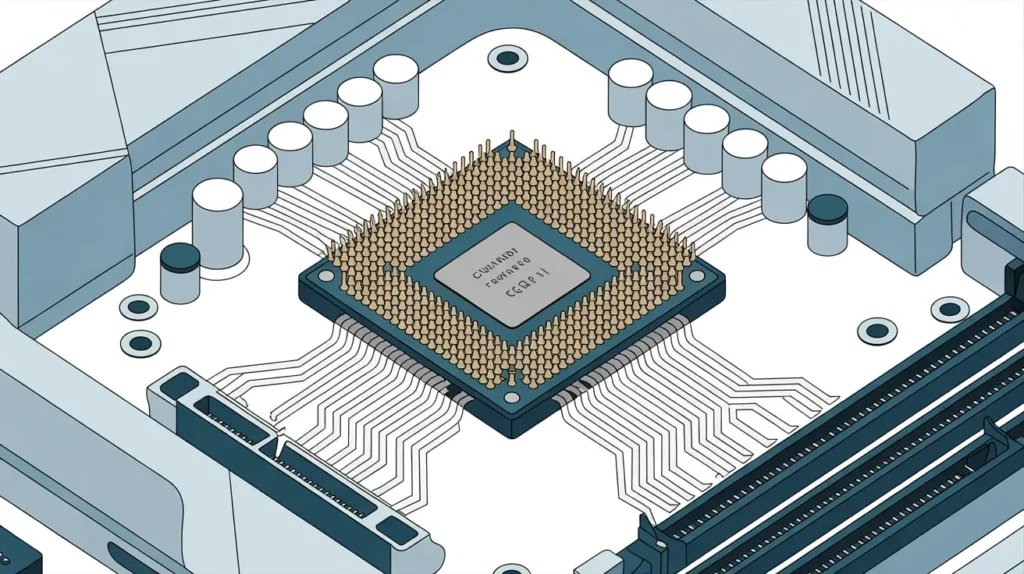 How Does a CPU Work on a Motherboard? Illustration of processor pins and connections on a motherboard socket