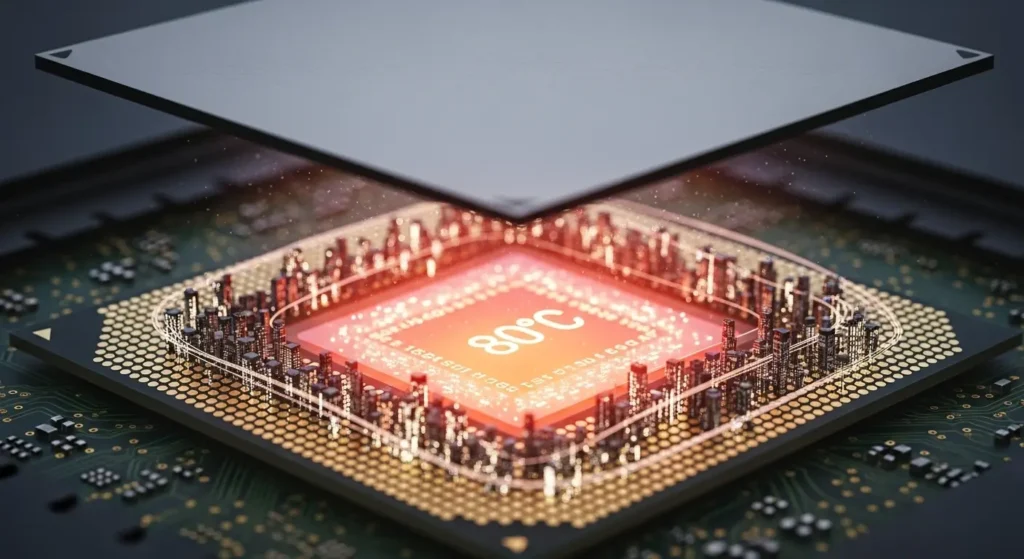 Close-up of Ryzen CPU showing 80°C temperature, answering 'How Long Can a Ryzen CPU Run at 80°C Safely?