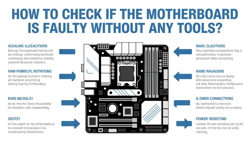 How to check if the motherboard is faulty without any tools – visual guide showing motherboard inspection points.