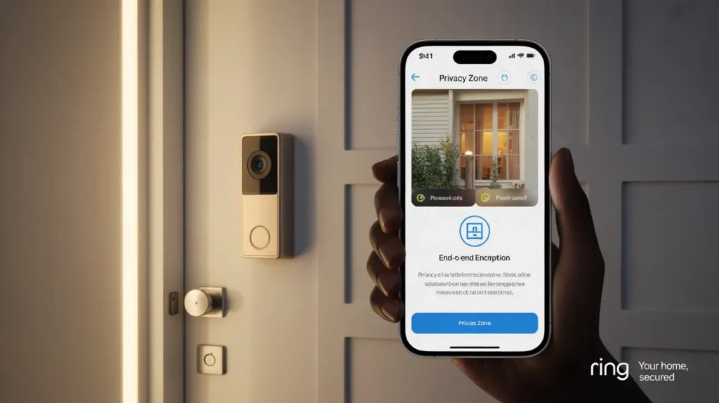 A person using a phone to show How to Explain Ring Camera Privacy and Security Features with end-to-end encryption.