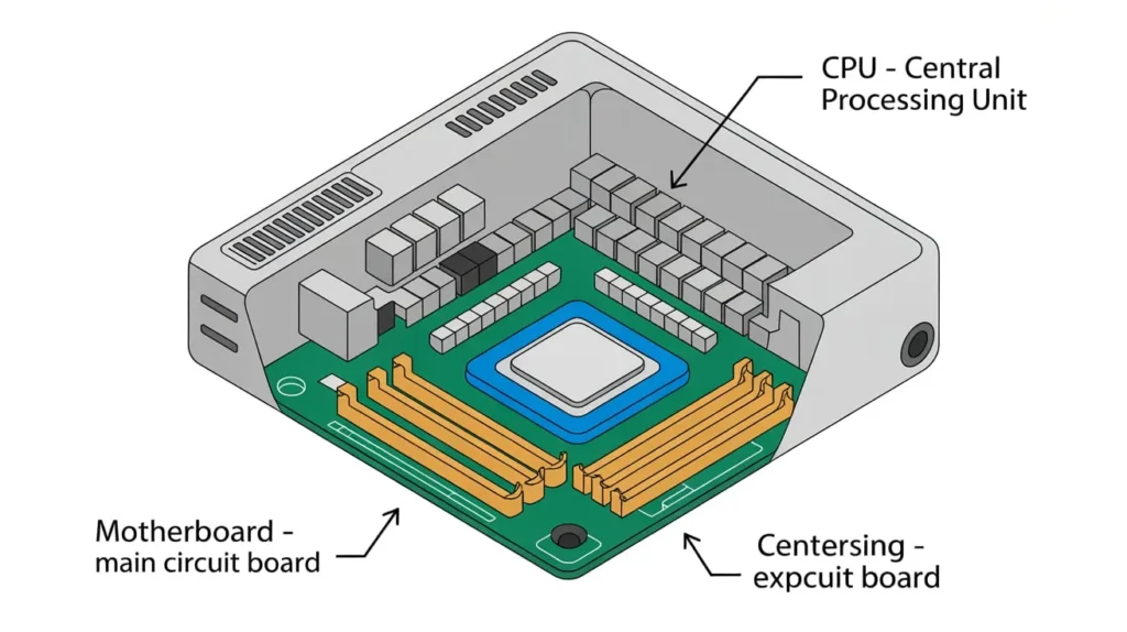 Illustration showing CPU and motherboard layout to explain how to identify the CPU and motherboard in your PC.