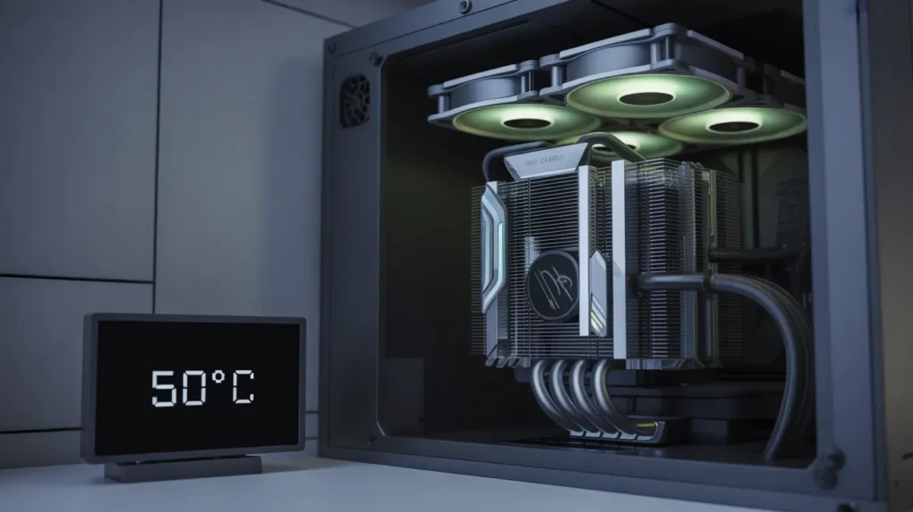 Efficient CPU cooling setup with temperature monitor at 50°C, crucial for keeping CPU temperatures safe during gaming.