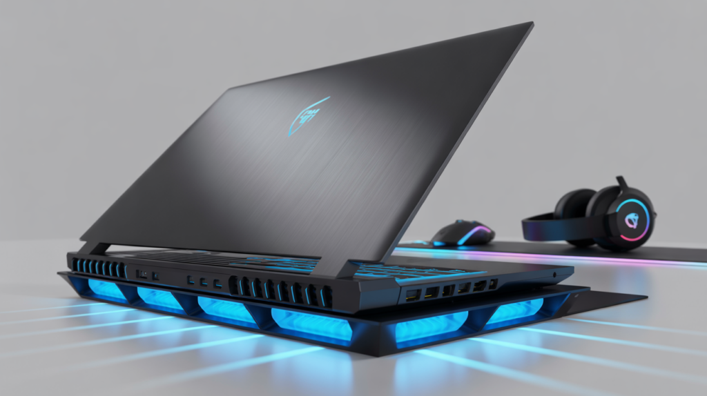 Black Acer Predator Helios Neo 16 laptop on a blue LED cooling pad, open lid, glowing keyboard, with mouse and gaming headset nearby.