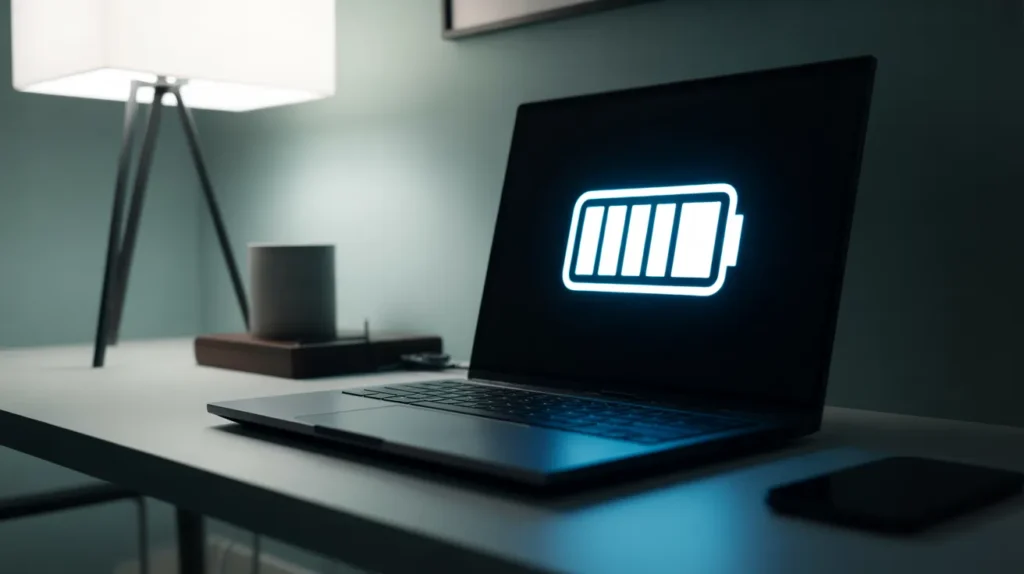 Modern gaming laptop with glowing battery icon showing long battery life