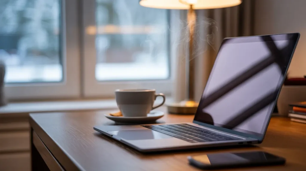 A laptop, a steaming cup of coffee, and a smartphone on a wooden desk, with a window and lamp in the background.