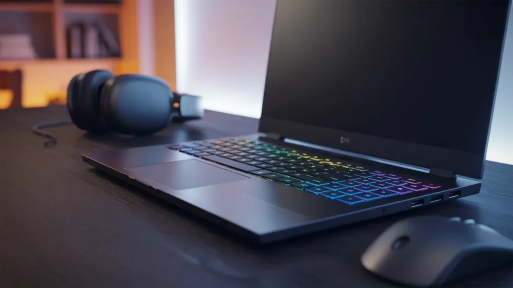 A close-up of an HP Victus gaming laptop with RGB keyboard on a dark desk, with headphones and mouse beside it.
