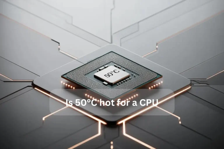 Close-up of a CPU with a temperature indicator showing 50°C. Is 50°C hot for a CPU? Learn more about safe CPU temperatures.