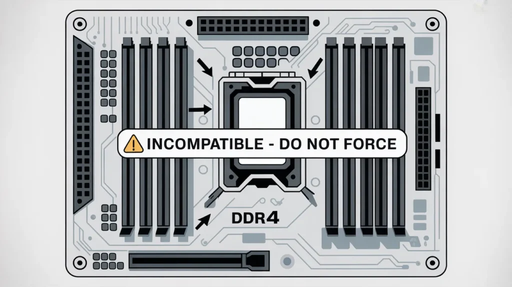 Is It Safe to Try Installing DDR4 RAM on a DDR5 Board – warning showing incompatible motherboard slots