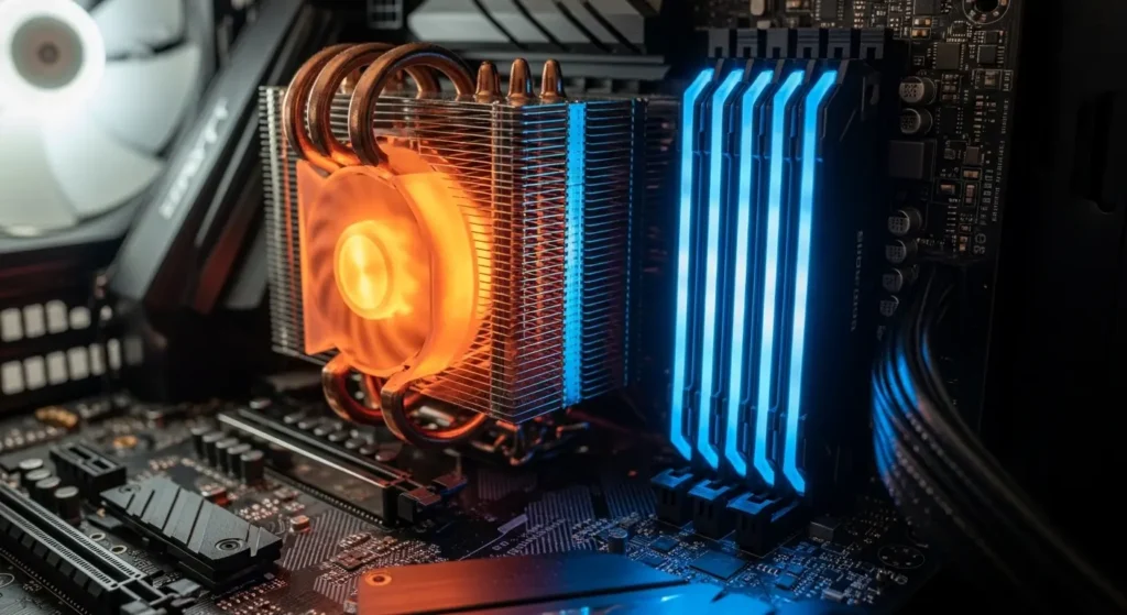 PC motherboard with CPU cooler and RAM – Is It Safe to Use XMP If My CPU Is Overheating?