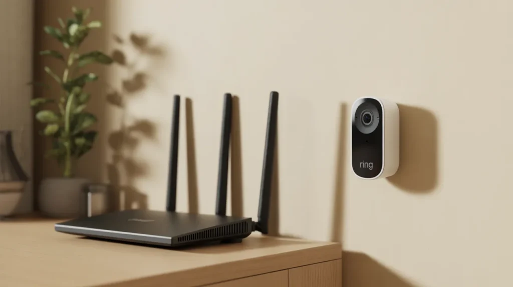Ring camera mounted near a WiFi router showing ideal setup distance. How far should a Ring camera be from the router?