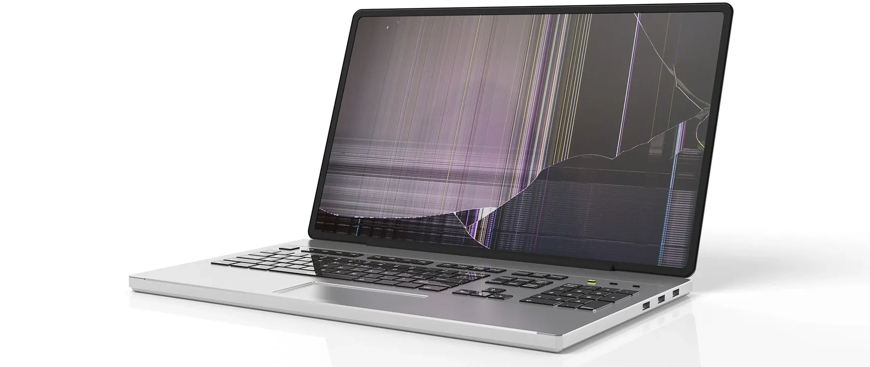 A silver laptop with a cracked and distorted screen showing colorful vertical lines, symbolizing hardware damage or laptop failure.