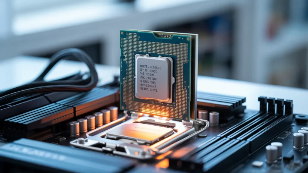 Close-up of a CPU being installed on a motherboard, showcasing the effects of overclocking on CPU package temperature.