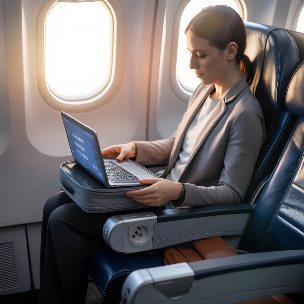Passenger storing a laptop safely in hand luggage with a case, using in-seat power and airplane mode during a calm flight.