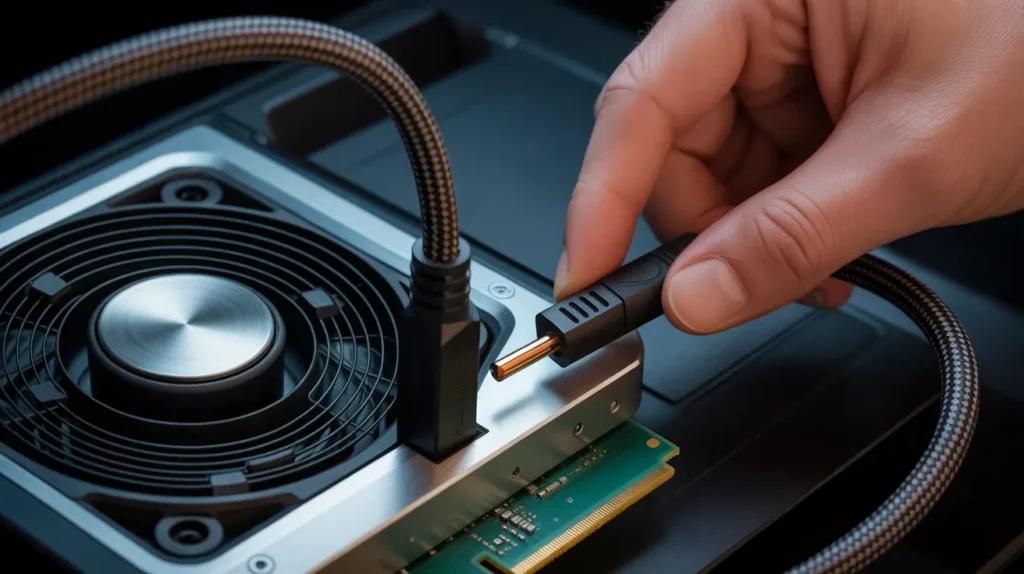Close-up image showing a person plugging in the wrong cable for GPU power, highlighting the risks of improper connection.