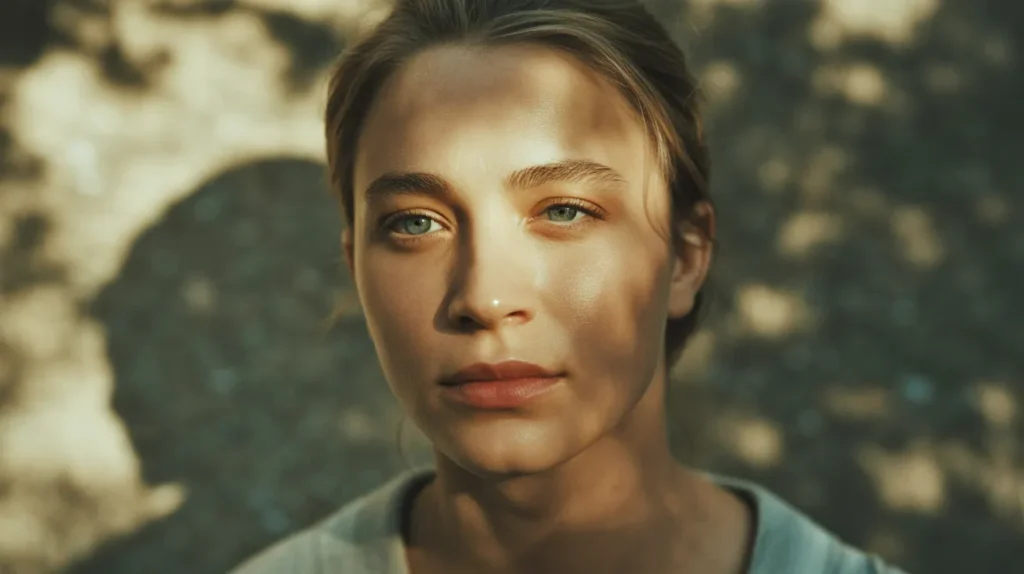 Portrait of a woman in soft natural light with film grain, showing what 35mm film looks like in real-life conditions.
