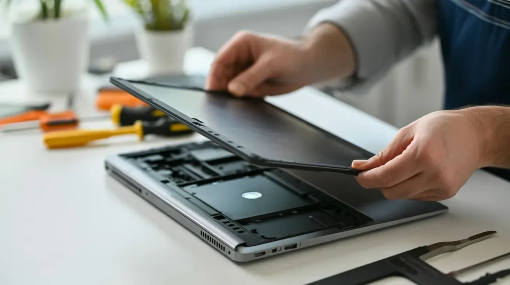 A technician carefully repairing a laptop screen, with tools like screwdrivers and a prying tool arranged beside the laptop. The background shows a clean workspace with soft lighting, emphasizing the precision and focus on the repair process.