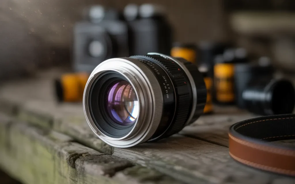 Close-up view of a 35mm camera lens on a wooden table – what is a 35mm camera lens?