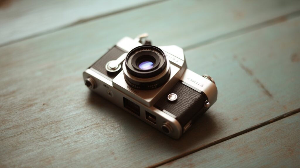A vintage half-frame 35mm camera placed on a wooden surface  showing details for What is a half frame 35mm camera.