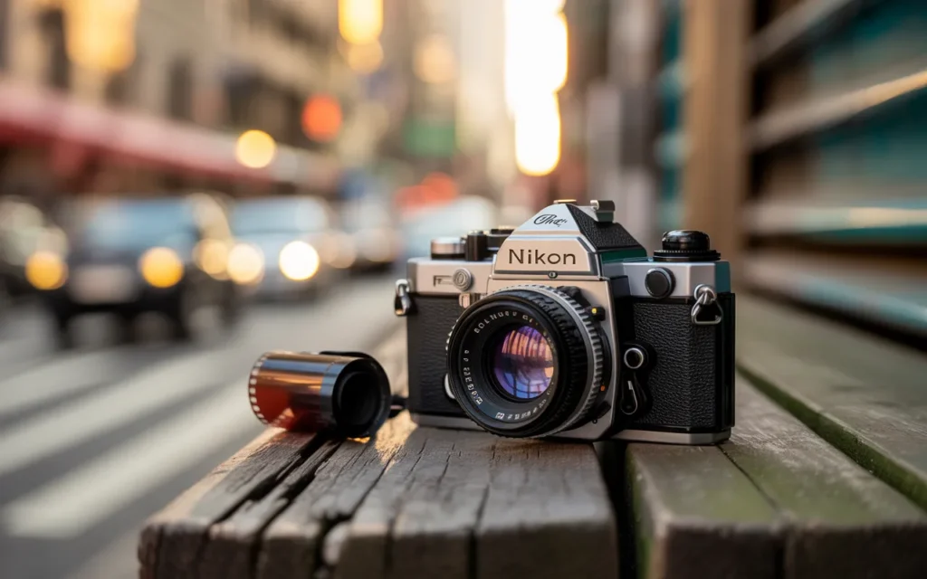 What is a Nikon 35mm camera? Vintage Nikon film camera with lens and film roll on a city street bench.