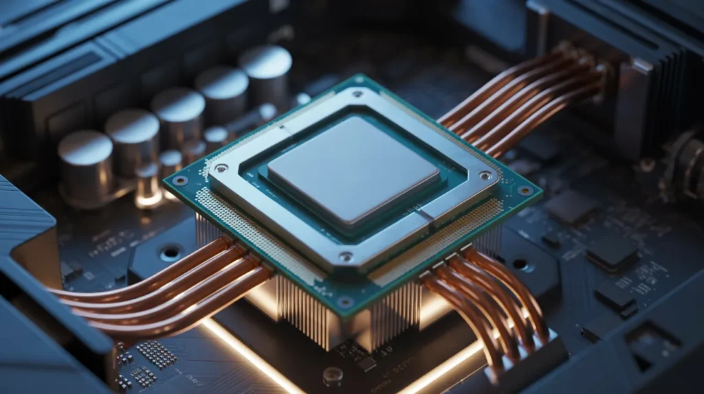 Close-up of a CPU and its cooling system showing copper heat pipes, ideal for understanding normal CPU package temperature while gaming.