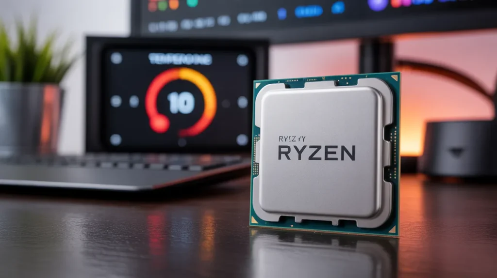 Close-up of a Ryzen CPU with a temperature gauge displayed on a monitor, answering the question: What is the Ideal Temperature for Your Ryzen CPU?