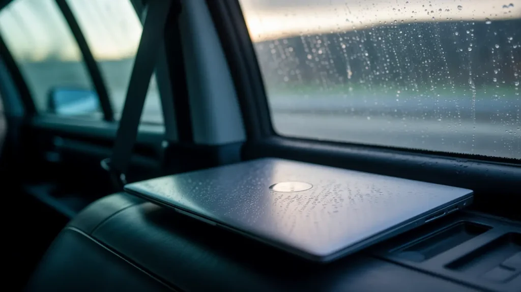 A closed silver laptop with water droplets on the lid is resting on the back of a car seat, with a rainy window in the background.