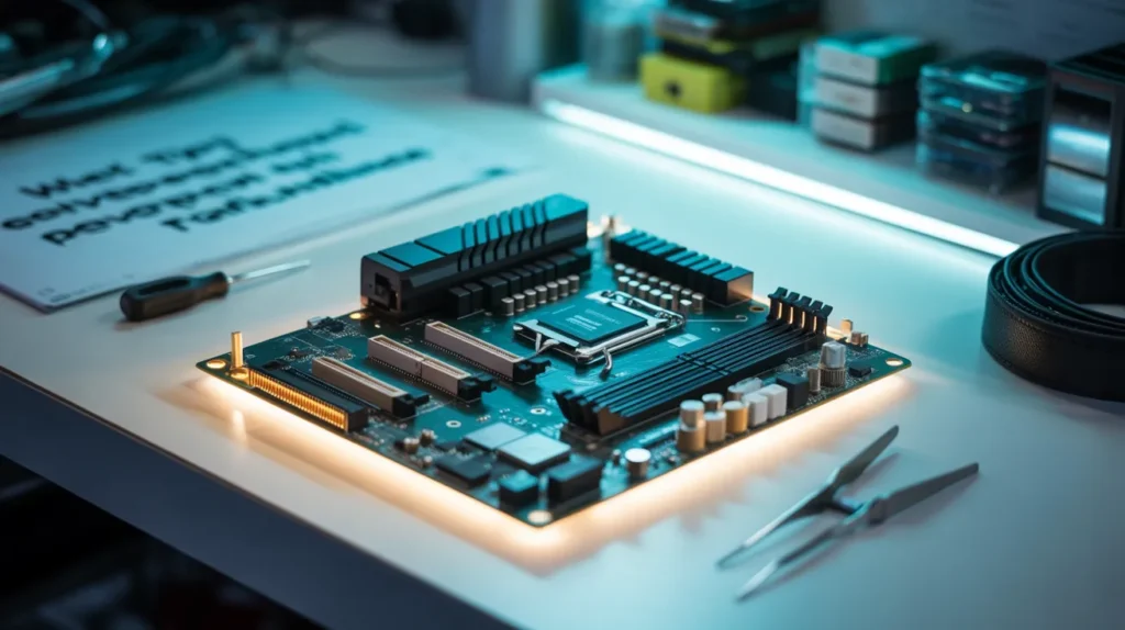 What Tips Help Prevent Motherboard Damage and Failure  illuminated motherboard on a workbench.