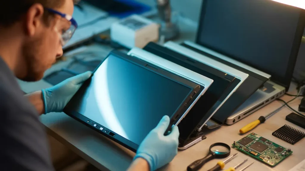 Close-up view of various laptop screens with different sizes and designs placed on a wooden surface. The screens include modern thin bezels and thicker frames, highlighting the variety of laptop models. Soft lighting enhances the details of each screen, with a blurred background keeping the focus on the screens.