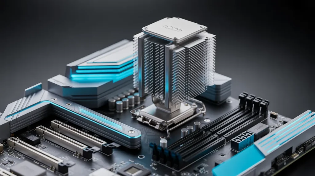 Close-up of a sleek motherboard with a high-end heatsink, metallic cooling fins, and blue lighting accents highlighting advanced components.