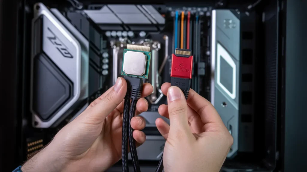 Close-up showing different connectors of CPU and GPU cables inside a computer, highlighting why CPU and GPU cables have different connectors.