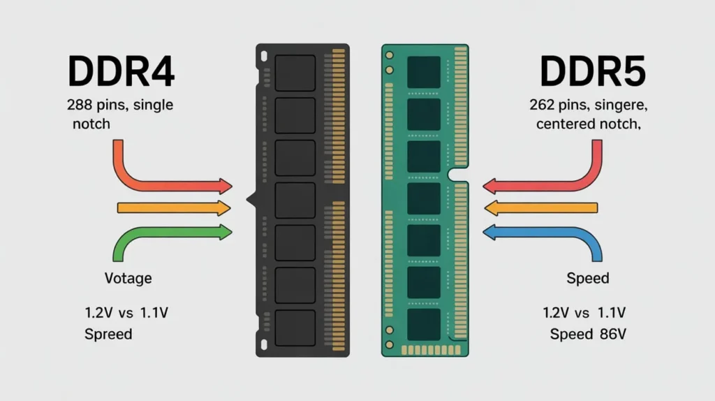 Why DDR4 and DDR5 RAM Are Not Interchangeable – visual comparison of voltage, pins, and speed differences