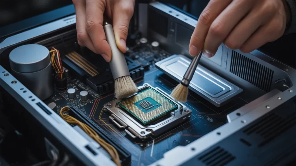 Why Regular System Cleaning is Essential for CPU Health: A person cleaning the CPU with brushes inside a computer.