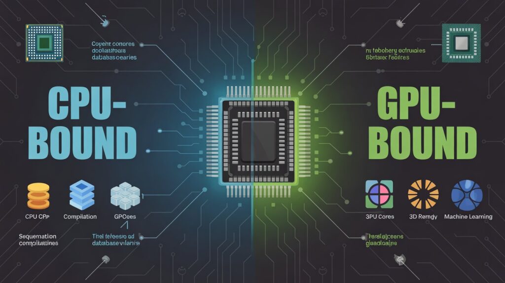 Comparison of CPU-bound vs GPU-bound performance showing cores, tasks, and chip functions explaining Are You CPU-Bound or GPU-Bound?